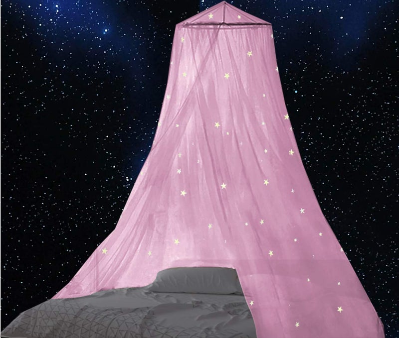 BCBYou Baby, Kids & Adult Mosquito Net Canopy with Glow in Dark Stars, for Crib, Kids, Girls or Full Size Bed (Pink) - Image 1